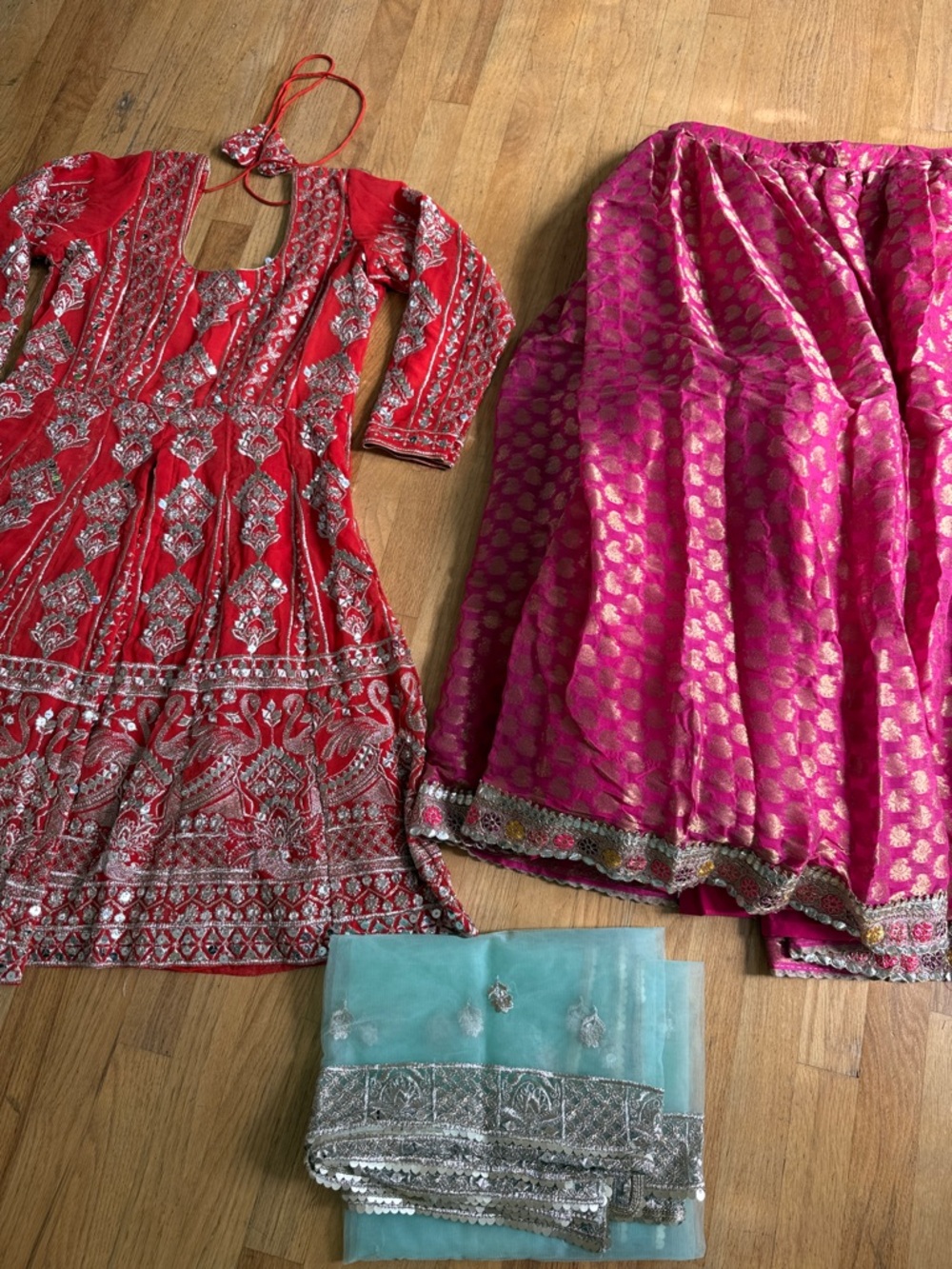 Asymmetrical Red Embellished Women's Dress with Pink Brocade Skirt